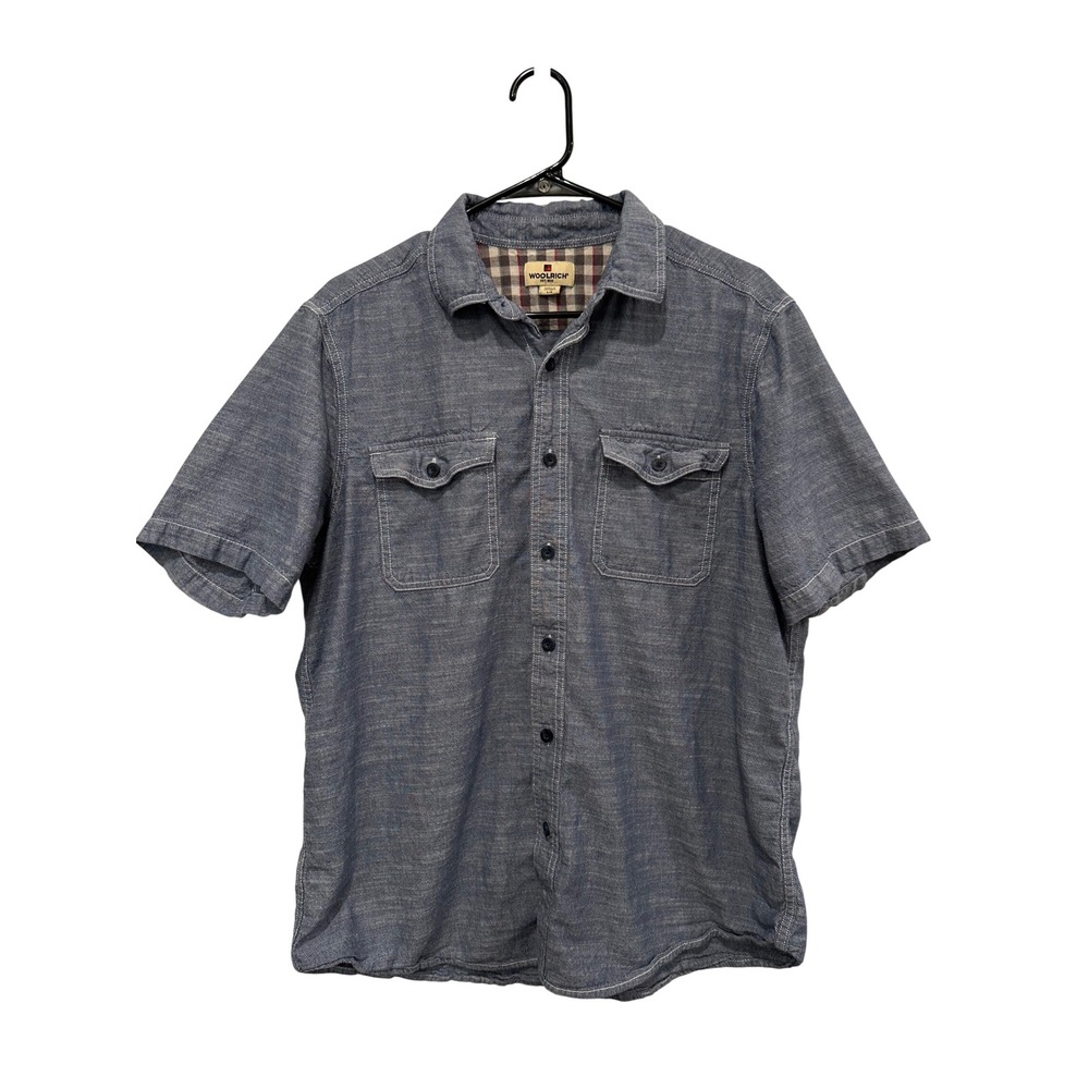Woolrich Mens Blue Chambray Cotton Short Sleeve Button Down Shirt Large